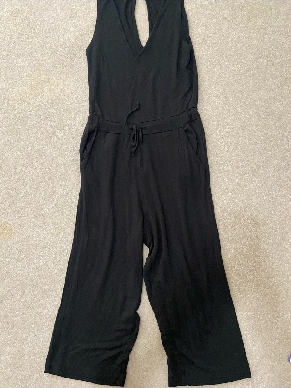 Quince Black Sleeveless V-Neck Wide-Leg Jumpsuit with Drawstring